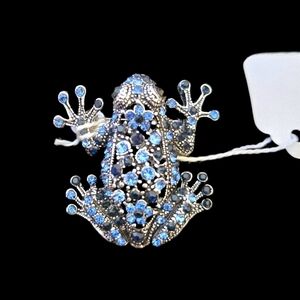 Silver/ Blue Rhinestone Frog Brooch